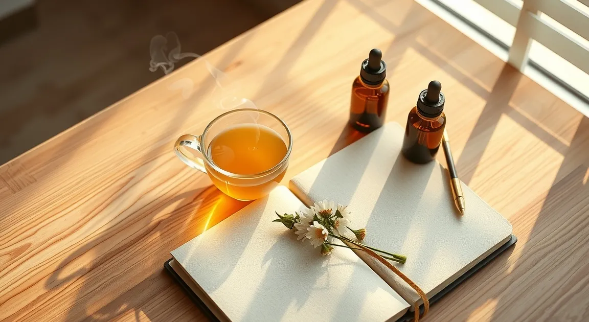 Serene morning wellness flat lay with herbal tea and journal representing natural cortisol hormone balance.