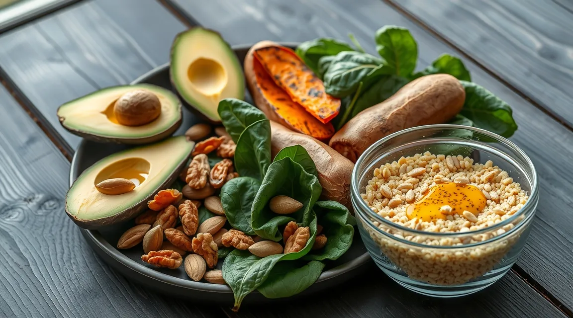 Nutrient-dense whole foods like avocados, nuts, and greens arranged to support blood sugar and insulin health.