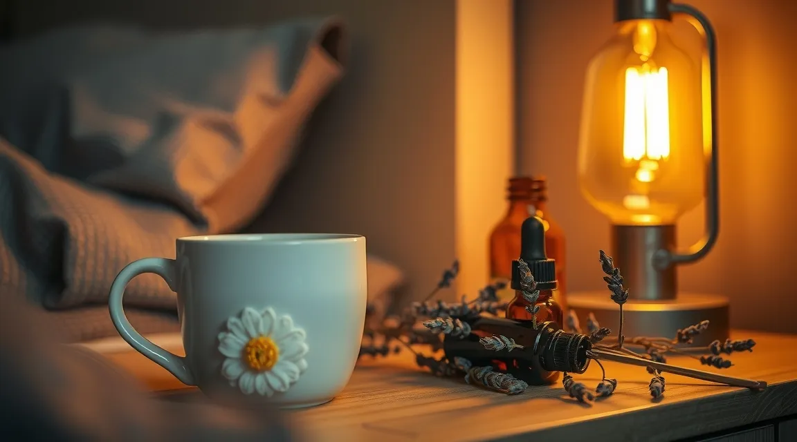 Cozy evening bedside setup with herbal tea and ambient light to support nighttime melatonin and lower cortisol.