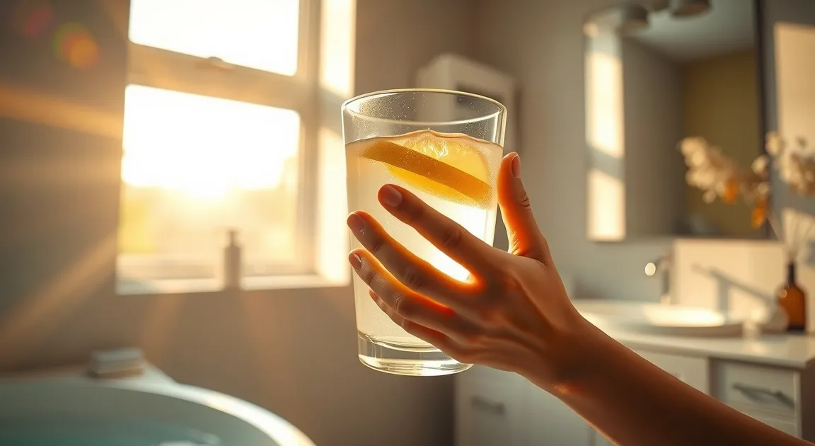 A serene morning wellness setup with a glass of lemon water symbolizing natural hydration and stress relief.