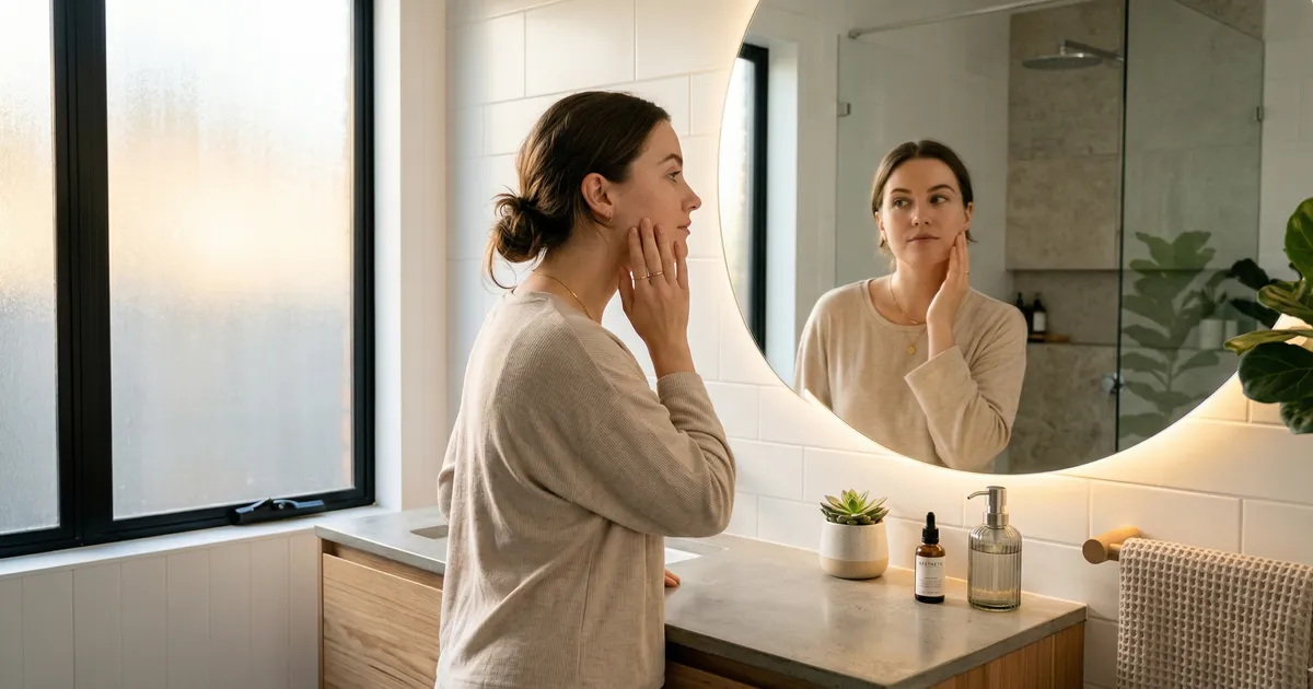 Woman gently touching her cheek in a softly lit mirror, examining cortisol face puffiness.
