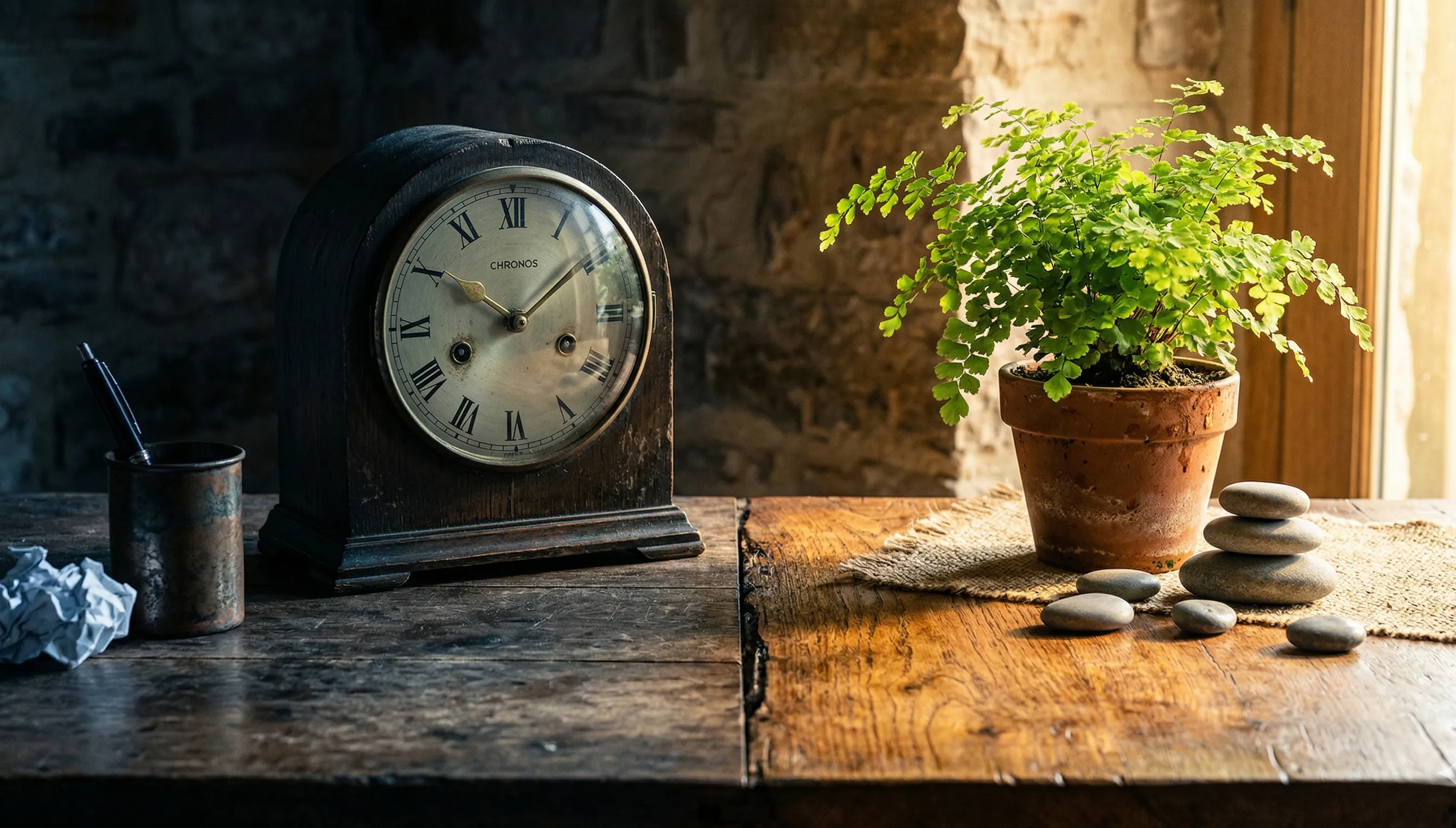 A desk showing a ticking clock in shadow transitioning to a peaceful sunlit plant, depicting cortisol face vs calm.