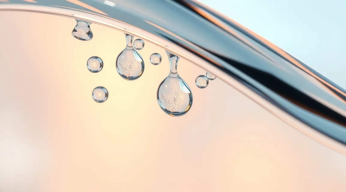 Macro view of crystal contours and clear water droplets representing facial fluid balance and lymphatic flow.