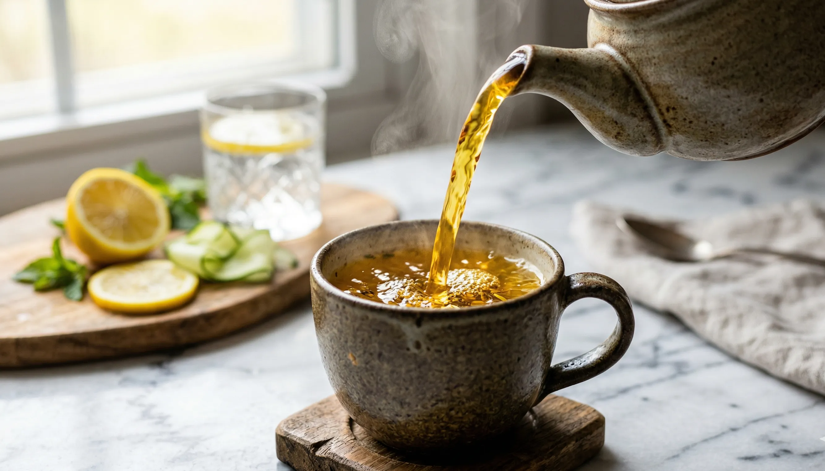 Steaming herbal tea being poured into a mug next to lemon and cucumber for fixing cortisol face hydration.