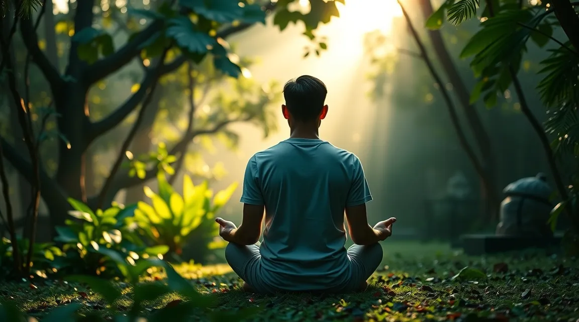 A serene outdoor scene of morning breathwork and relaxation in a green park to reduce cortisol levels.