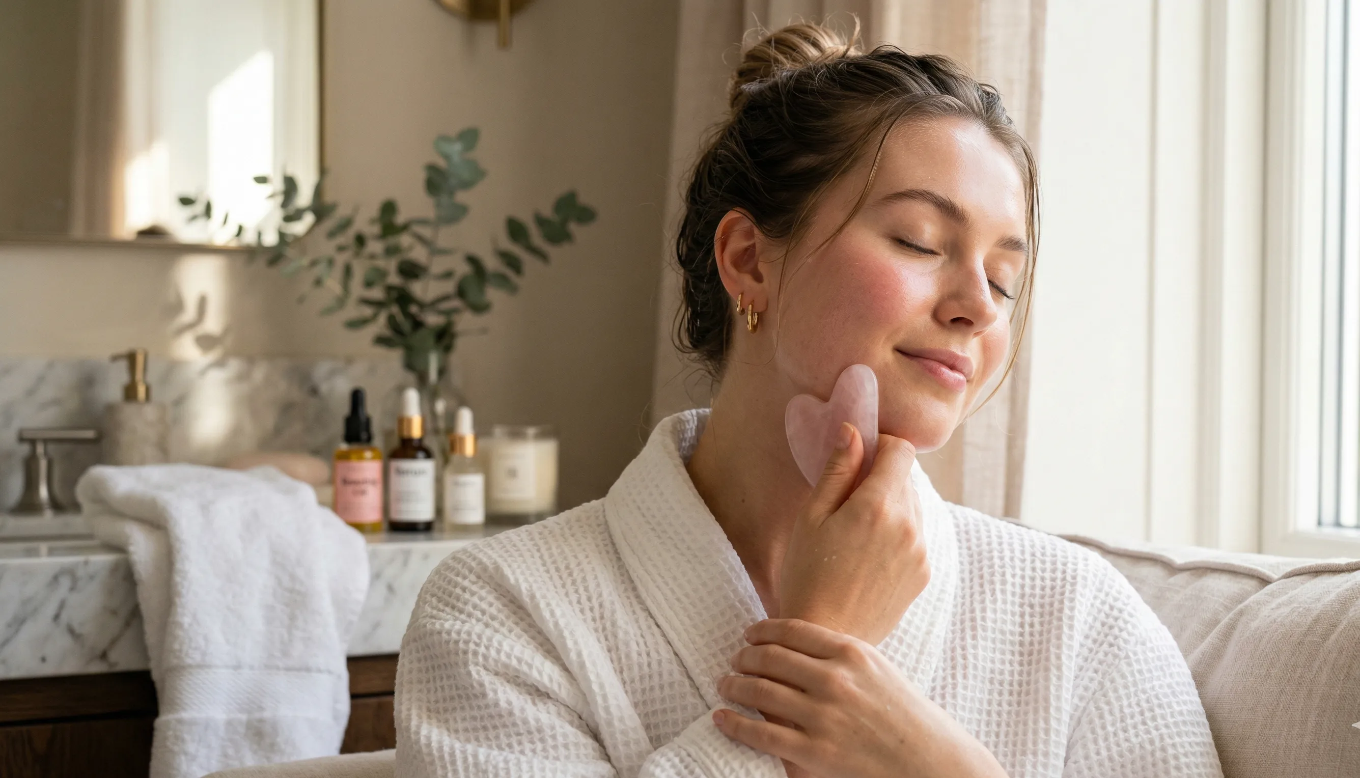 Woman using a rose quartz Gua Sha tool on her jawline to soothe cortisol face puffiness.