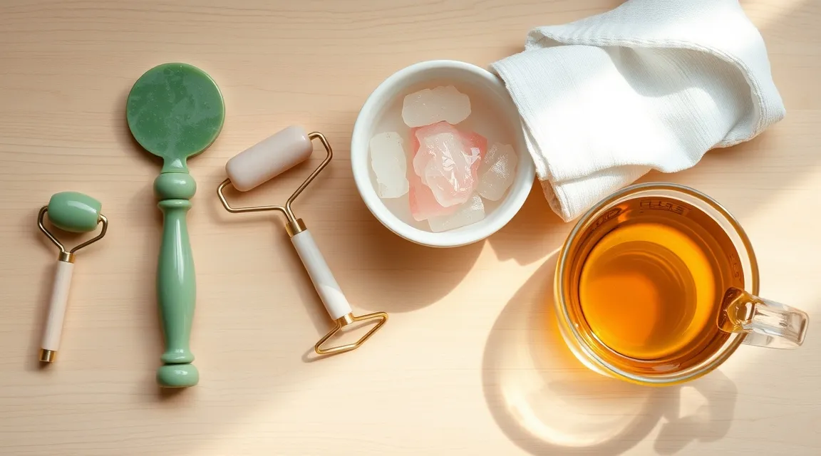 Aesthetic flat-lay of facial care tools including jade Gua Sha, cold water bowl, and herbal tea for puffiness.