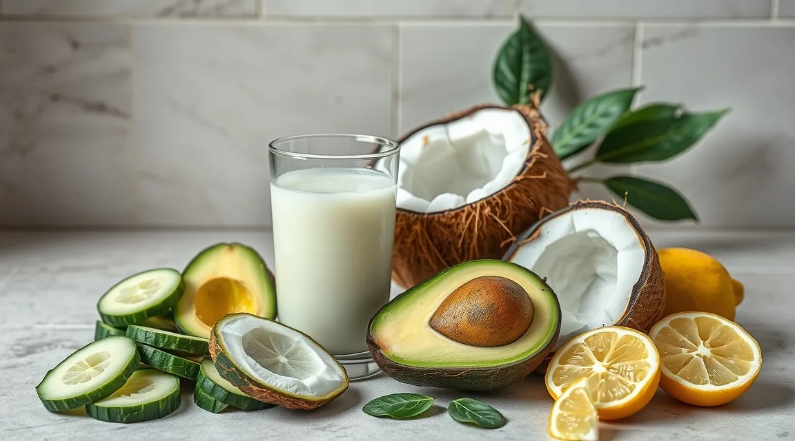 Fresh potassium-rich foods like avocado, cucumber, and coconut water supporting body fluid balance.