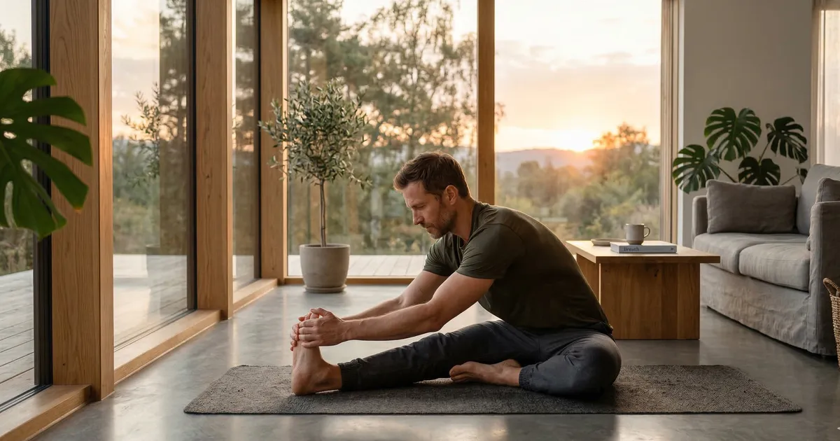 Fit man stretching at sunrise, managing cortisol and weight loss naturally.
