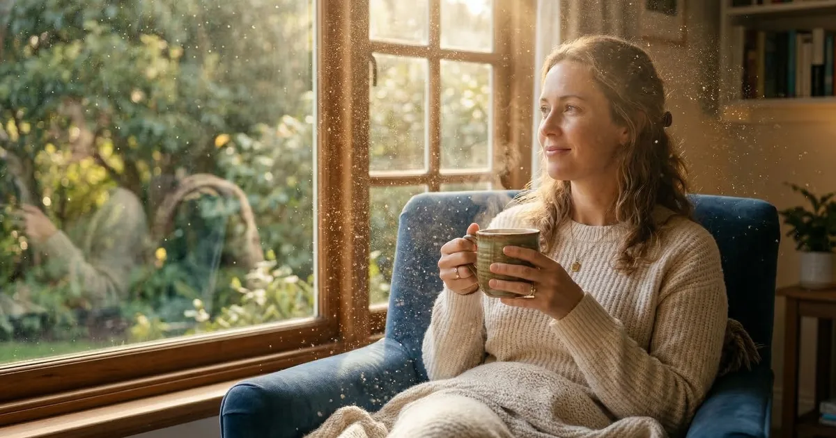 Serene woman enjoying a warm morning drink by a sunlit window to balance cortisol levels and reduce stress.