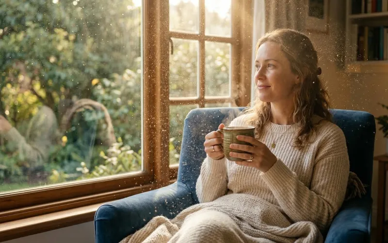 Serene woman enjoying a warm morning drink by a sunlit window to balance cortisol levels and reduce stress.