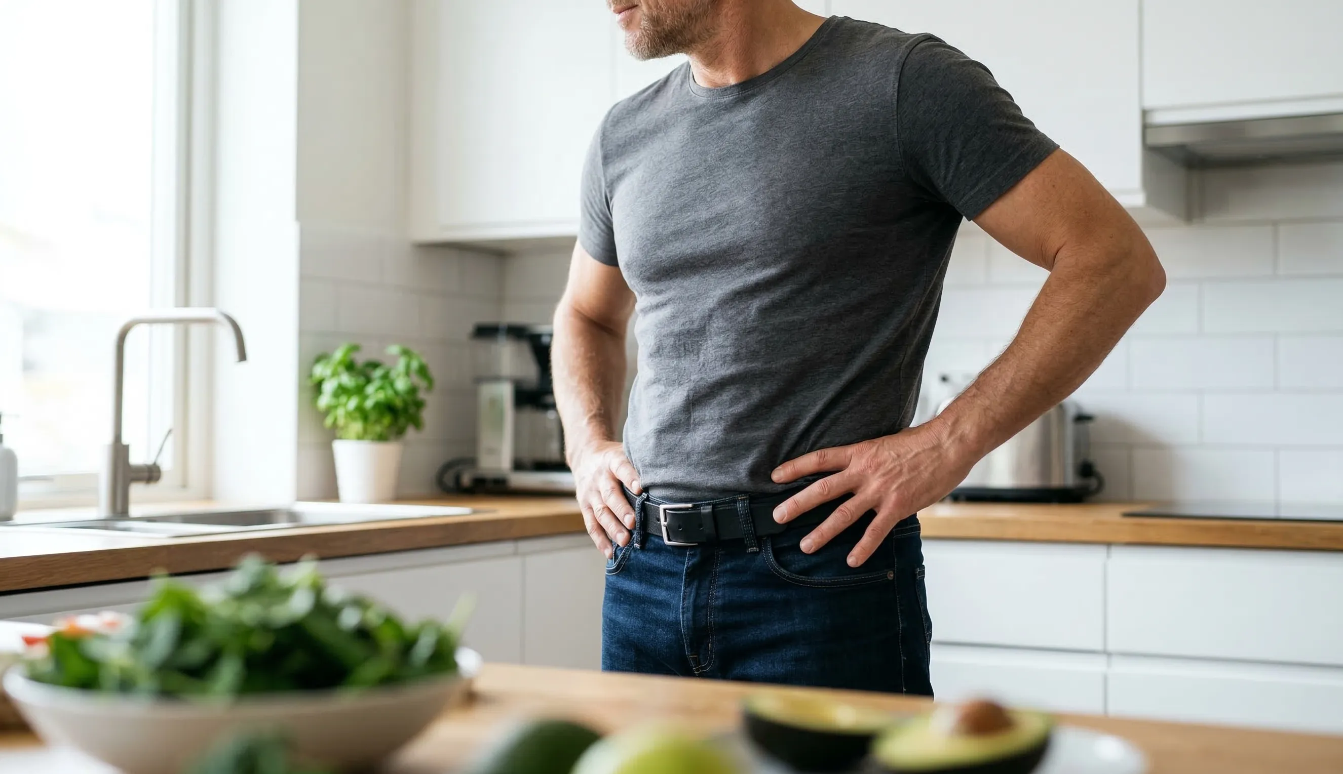 Healthy man in kitchen showing flat stomach to beat the cortisol belly men face.