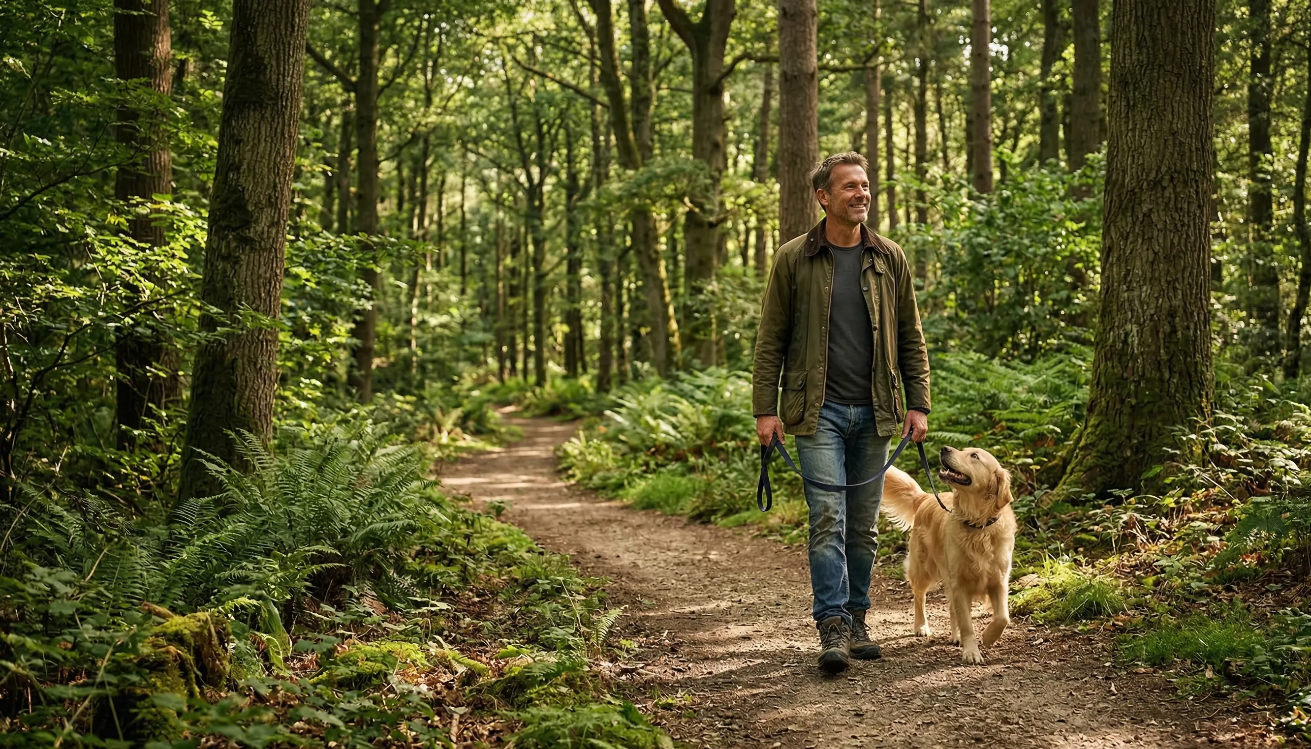 Man walking his dog in nature, learning how to lower cortisol naturally for men.