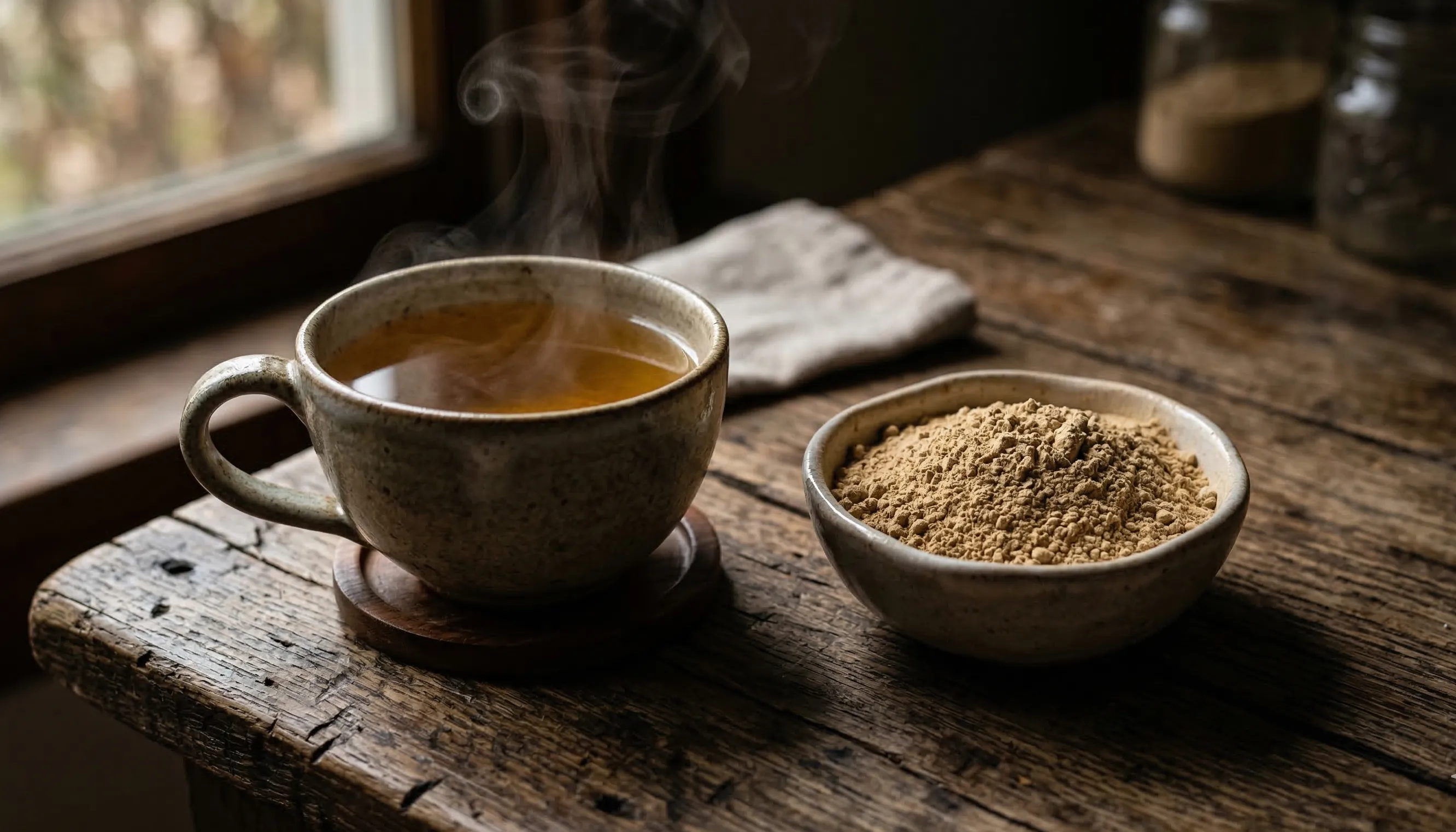 Ashwagandha root powder and herbal tea used as a natural cortisol blocker for men.