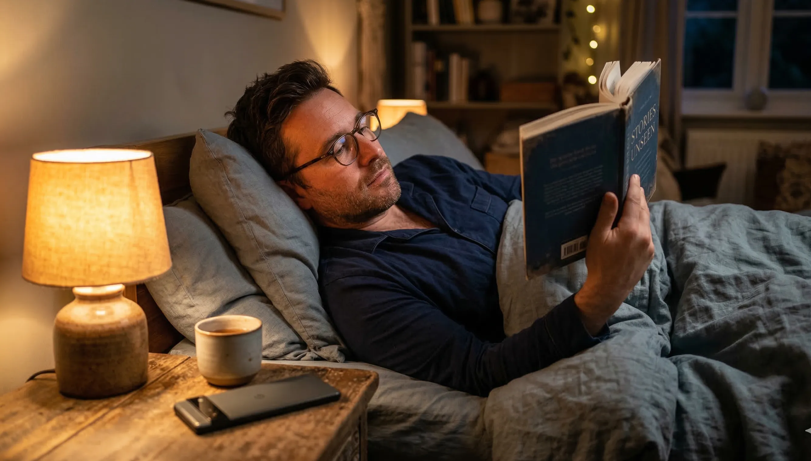 Man reading a book in bed instead of looking at his phone to improve sleep and lower cortisol.