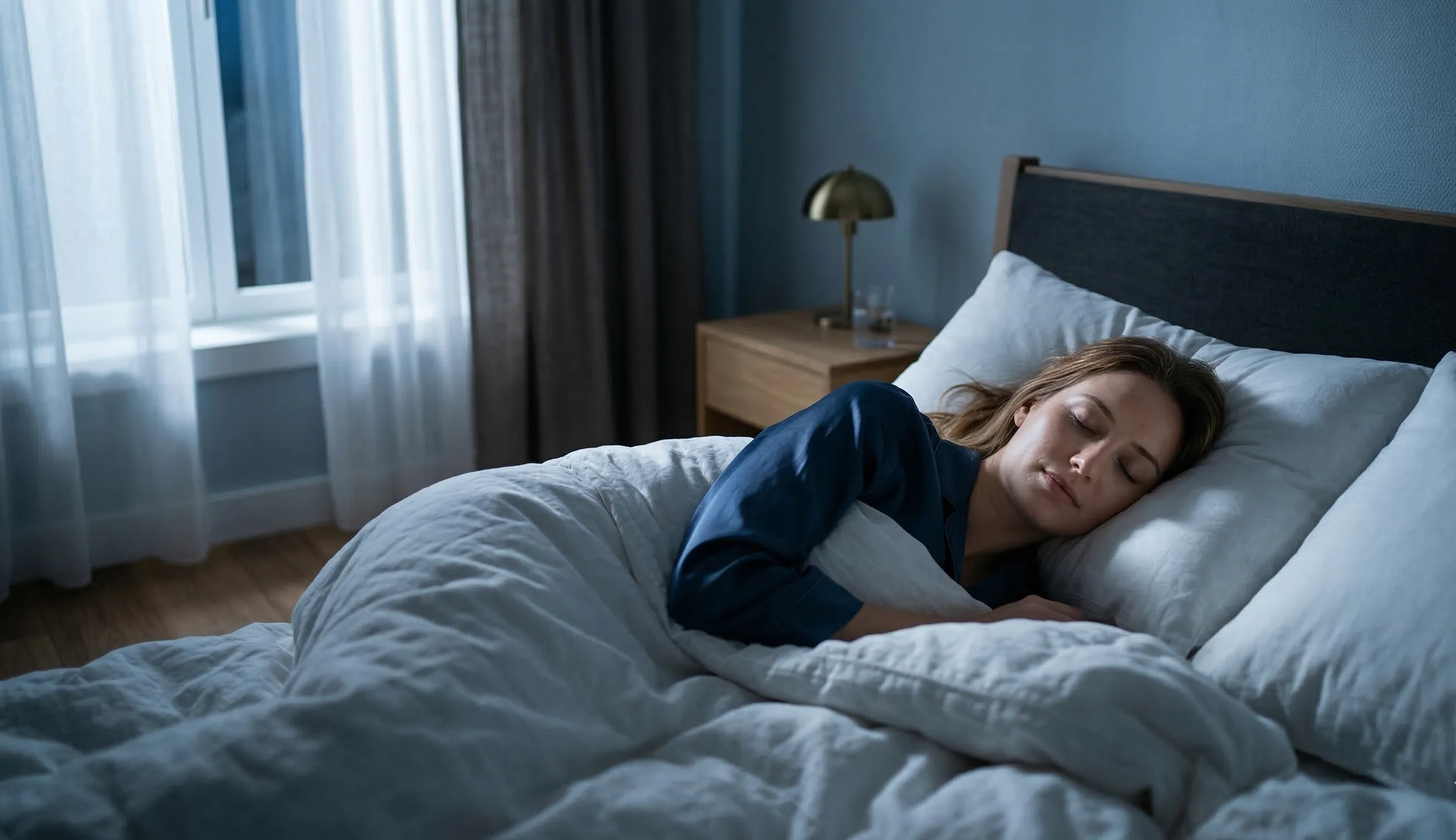 A peaceful woman sleeping deeply in a cozy bed, showing the restorative sleep benefits of balanced cortisol.