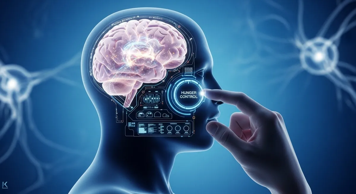 A conceptual image showing a person gaining control over their hunger hormone, ghrelin, symbolizing its powerful effect on weight loss.