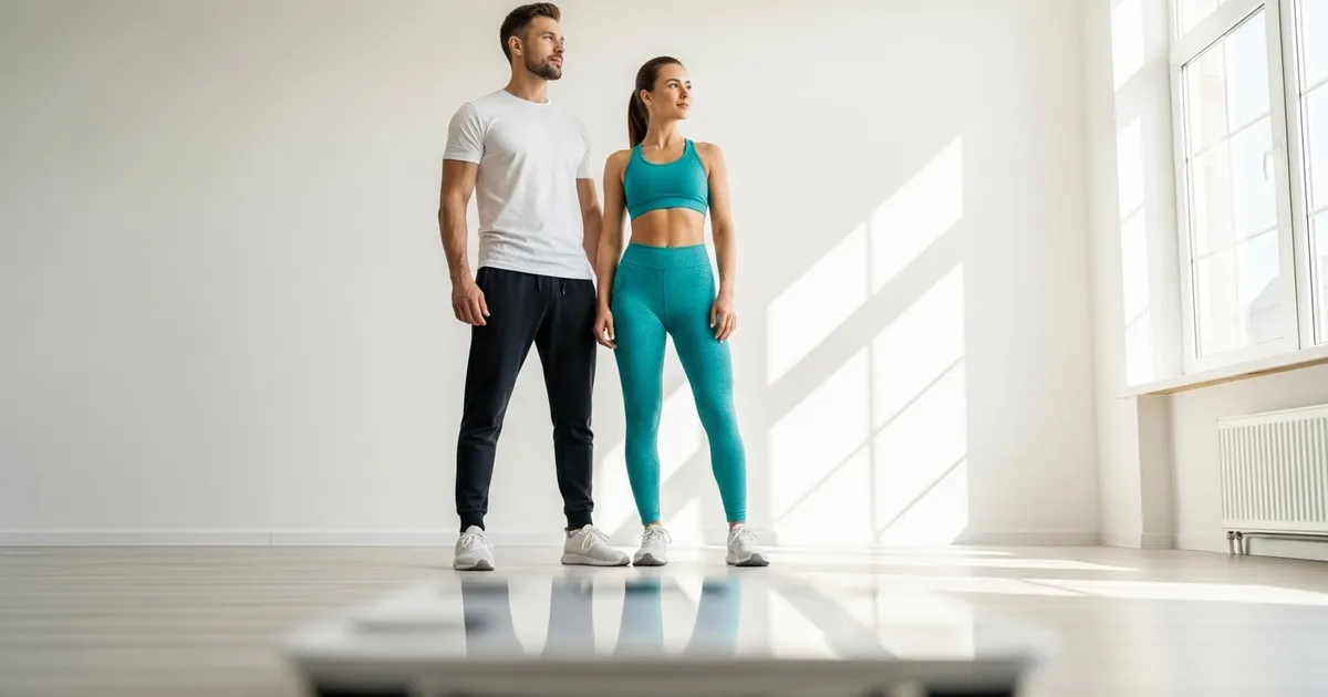 A fit woman confidently focusing on her strong reflection, demonstrating the importance of lean mass vs fat mass ratio over body weight.