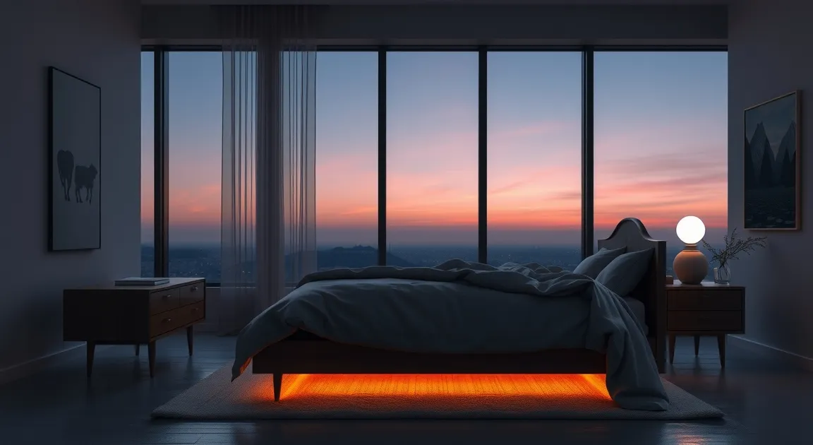 Serene dimly lit bedroom at twilight with warm amber ambient lighting promoting circadian sleep balance.