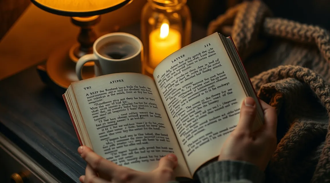 Close-up of hands reading a book in warm amber evening lighting for an offline wind-down routine.