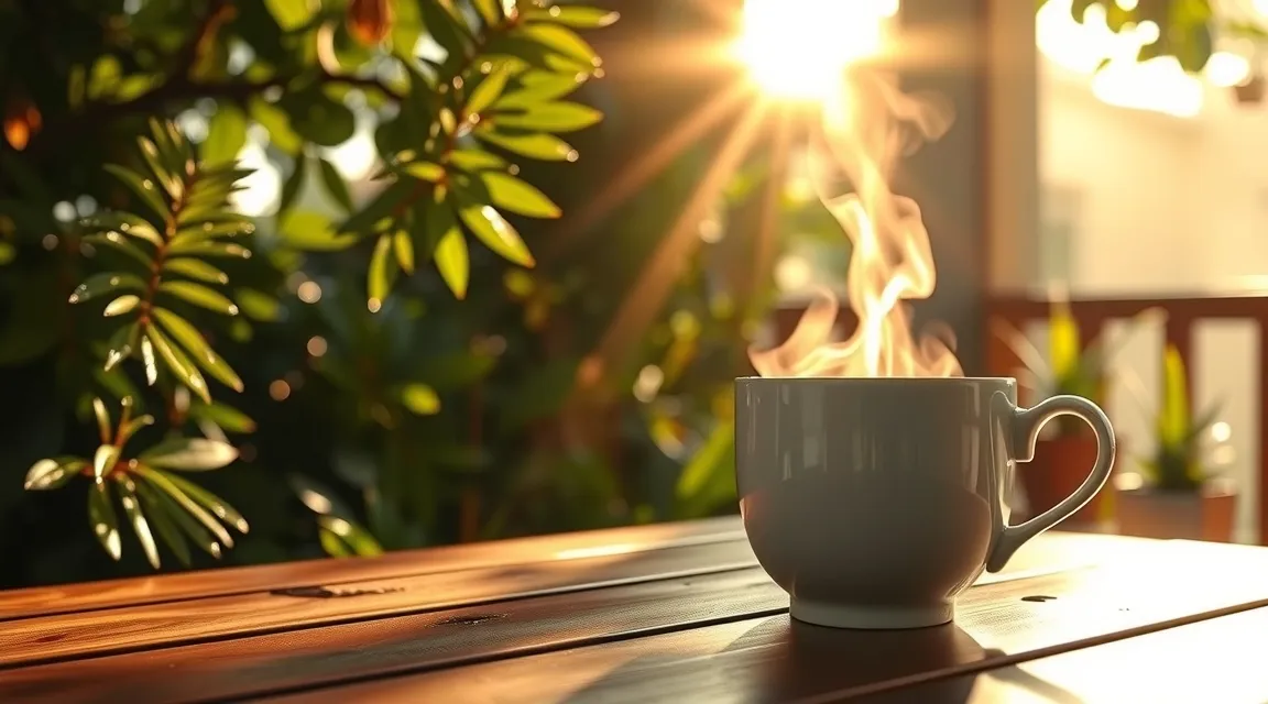 Sunlit outdoor wooden patio with morning greenery and a steaming mug in gentle sunlight.
