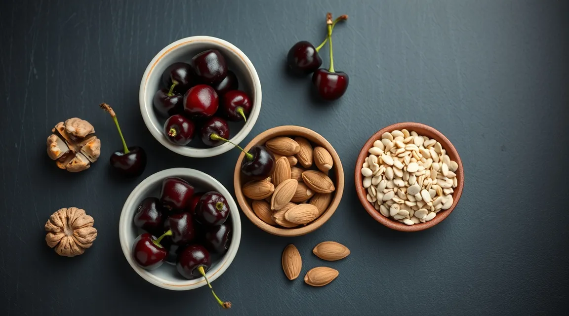 Flat-lay arrangement of tart cherries, walnuts, and pumpkin seeds providing natural sleep nutrients.