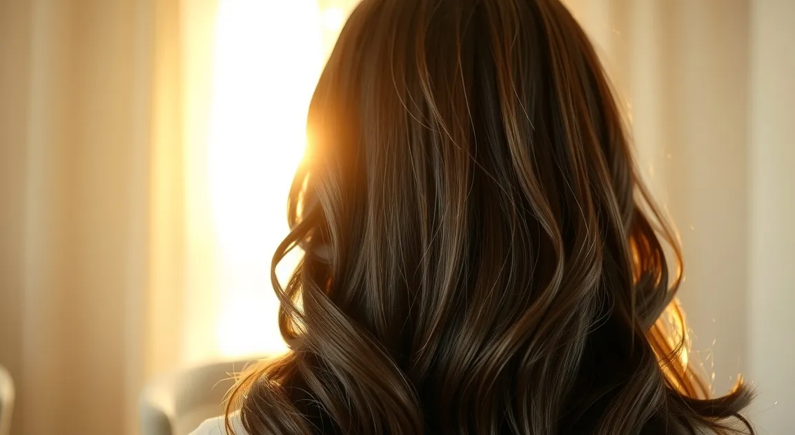 Lustrous healthy hair glowing in golden morning sunlight representing holistic hair care and balance.