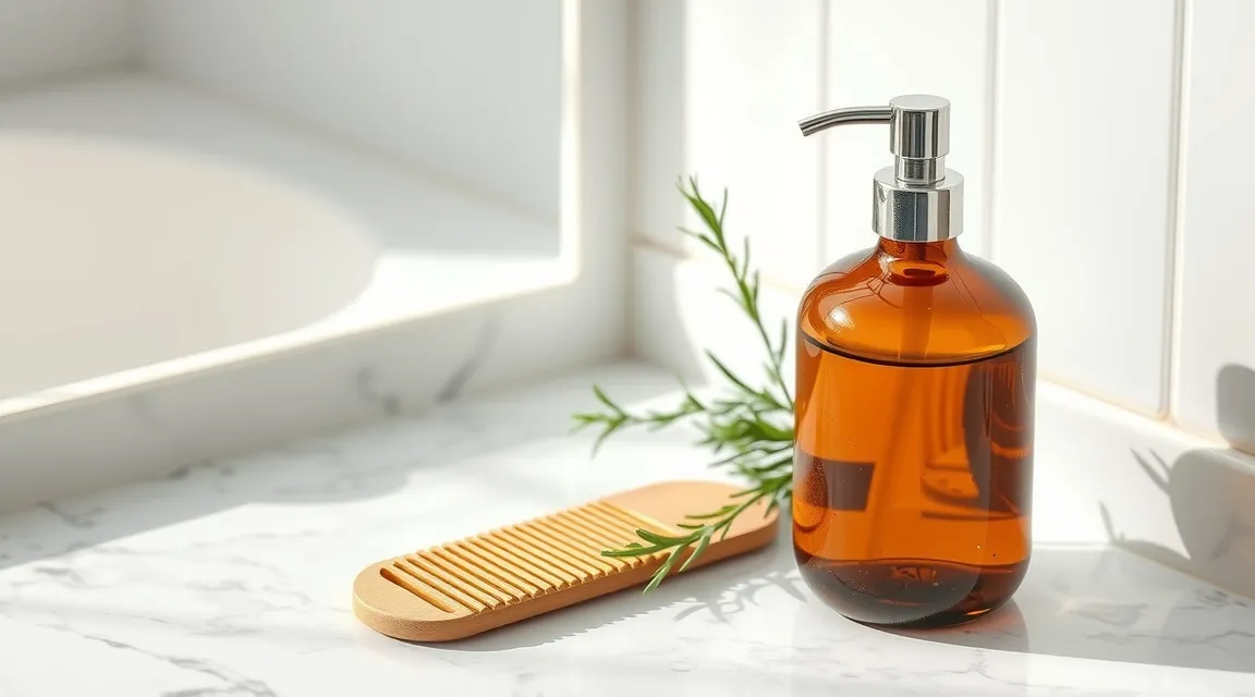Natural shampoo bottle with a wooden wide-tooth comb and fresh herbs on a sleek marble countertop.