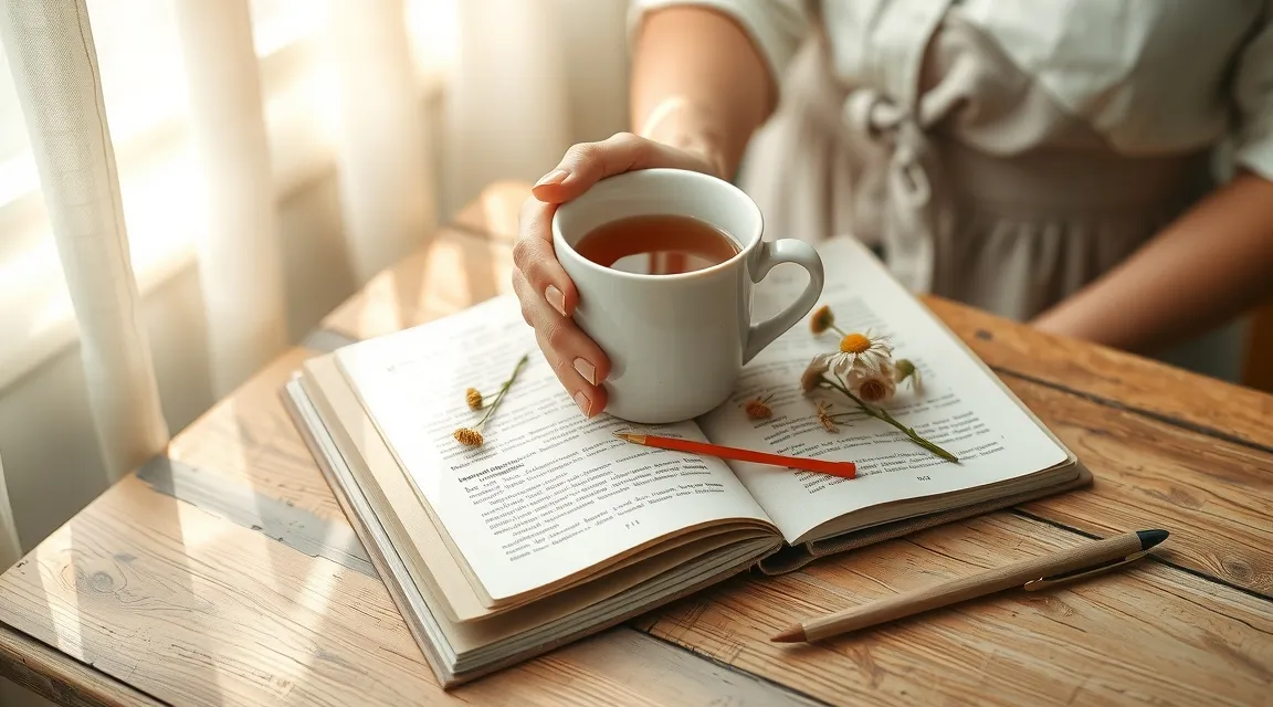 Woman relaxing with a warm cup of herbal tea while writing in a self-care journal.